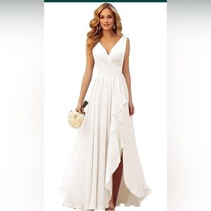 NEW Beautiful Ivory Slit ruffle chiffon long dress